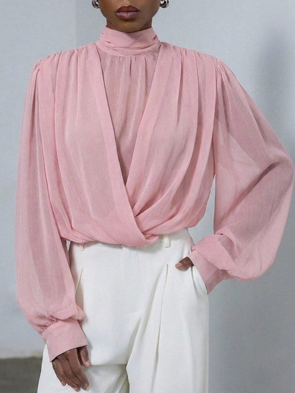 Pink Elegant Women's Mock Neck Sheer Blouse with Wrap Front and Puff Sleeves - Picture 5 of 7